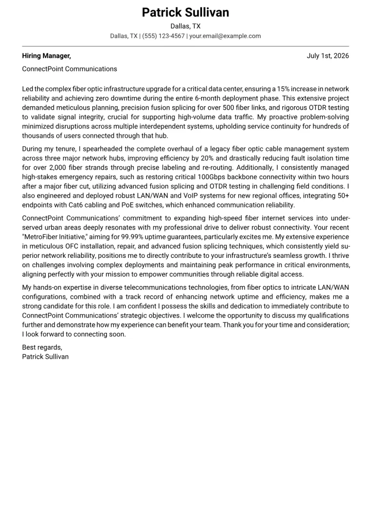 Telecommunications Technician cover letter example preview