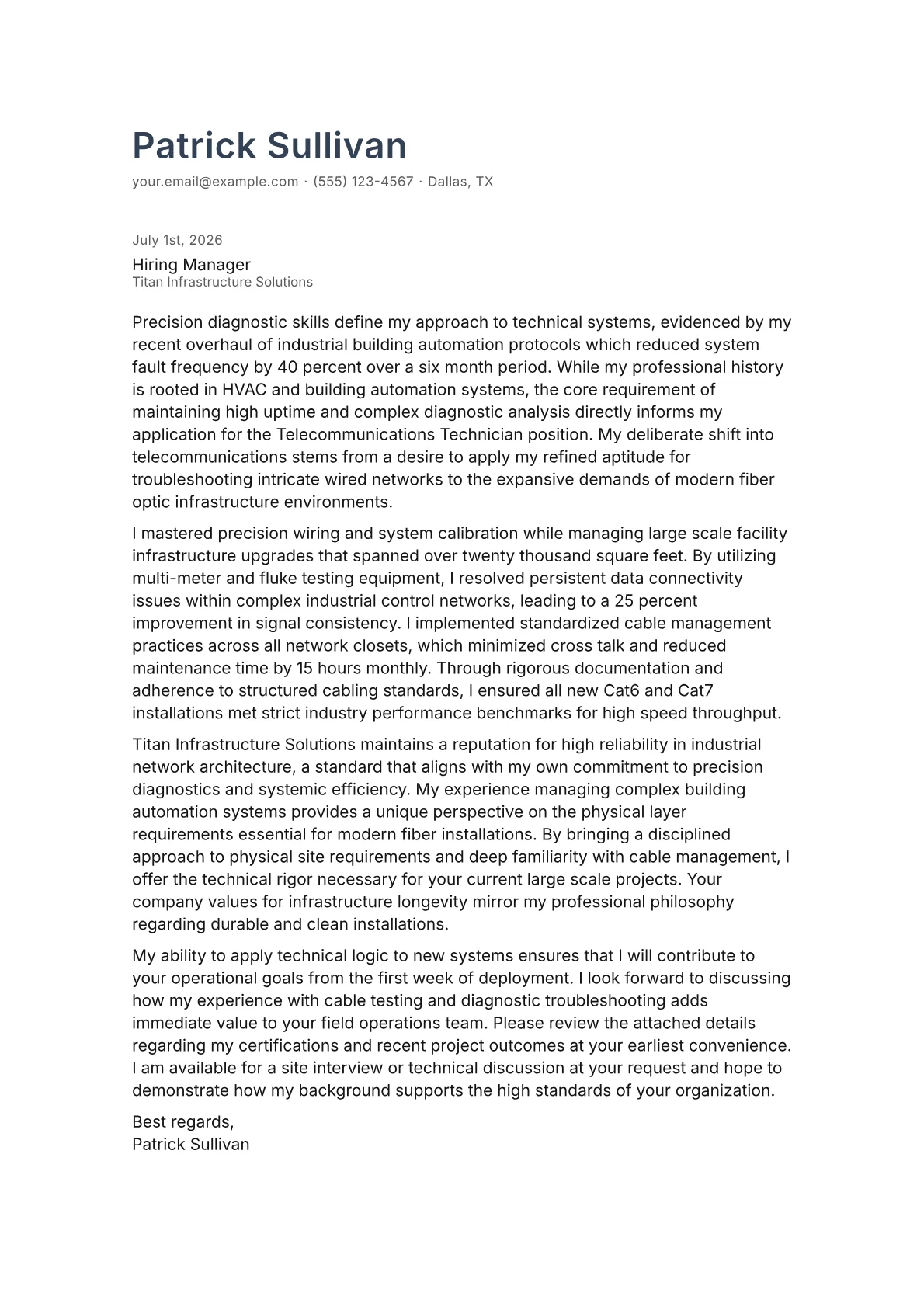 Telecommunications Technician cover letter in the Minimal design