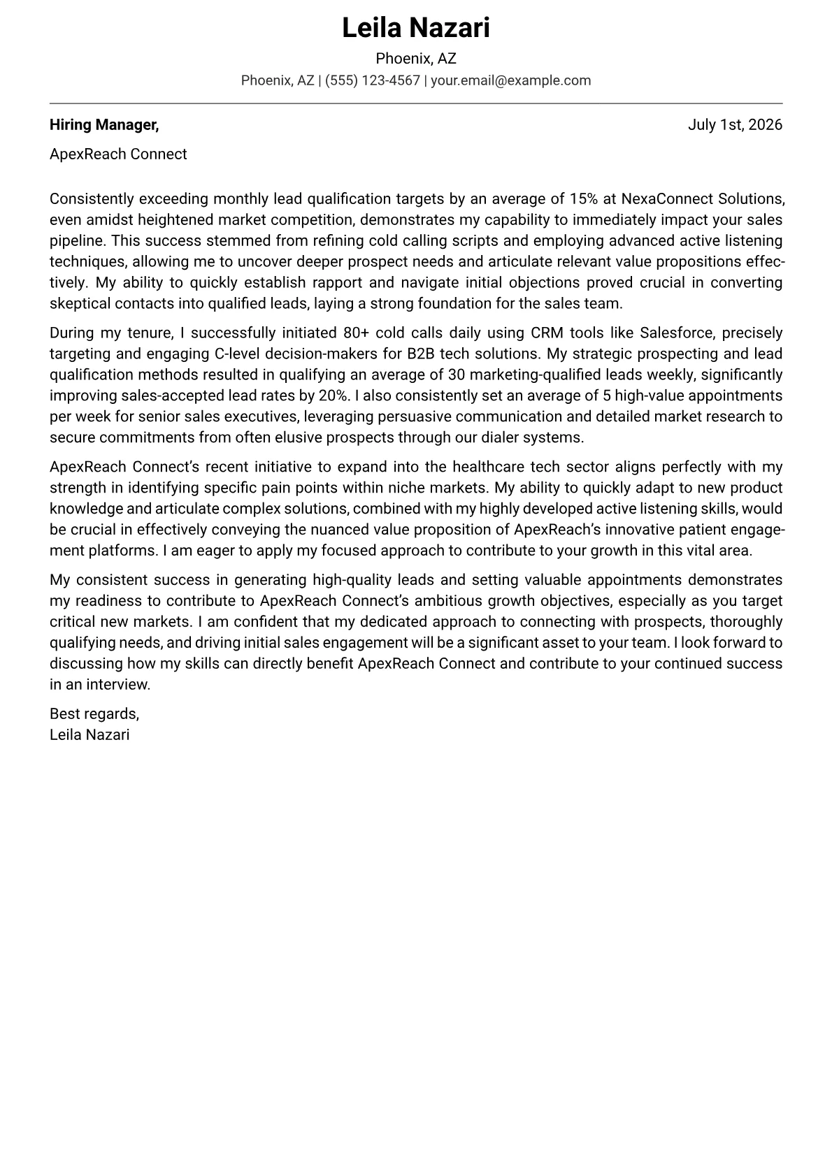 Telemarketer cover letter formatted with a JobSprout template