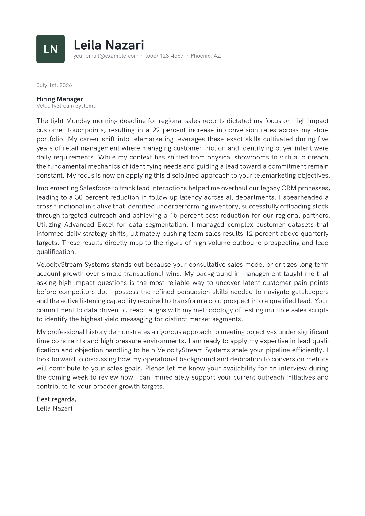 Telemarketer cover letter in the Emblem design
