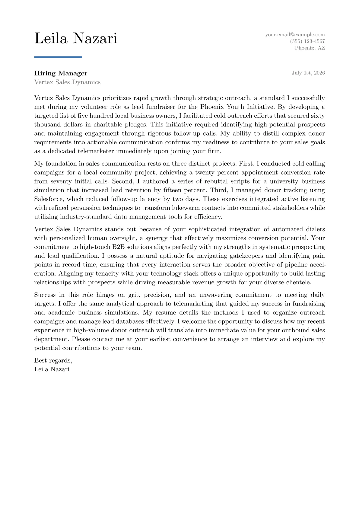 Telemarketer cover letter in the Executive design