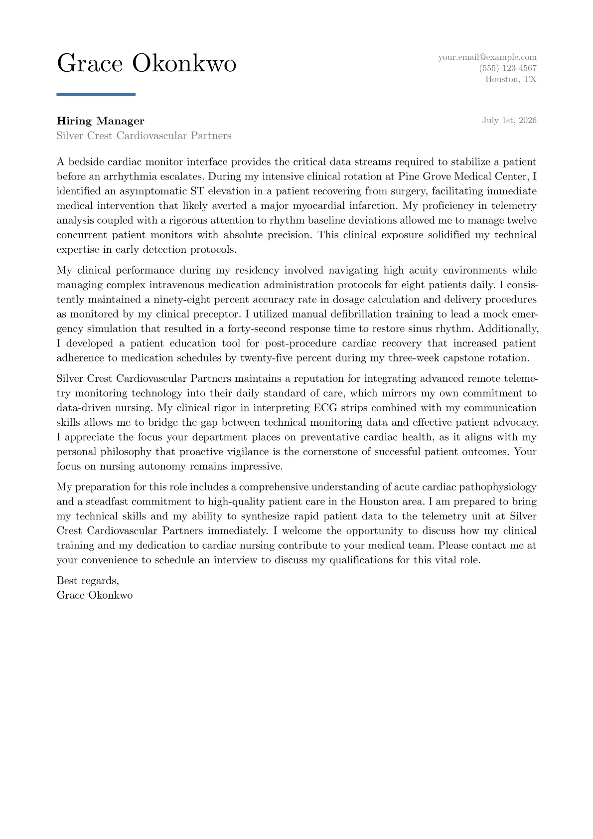 Telemetry Nurse cover letter in the Executive design