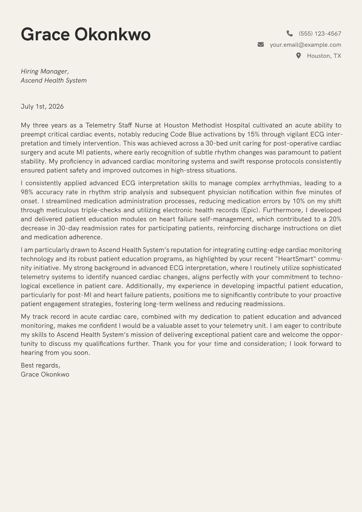 Telemetry Nurse cover letter formatted with a JobSprout template