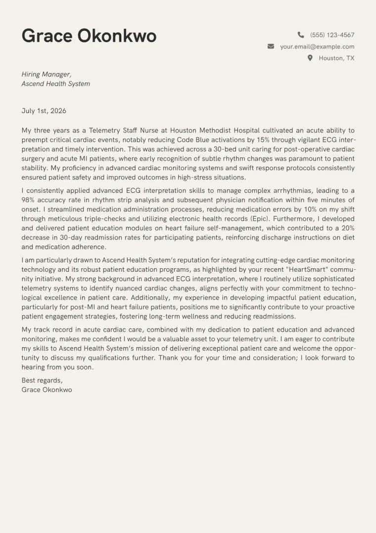Telemetry Nurse cover letter example preview