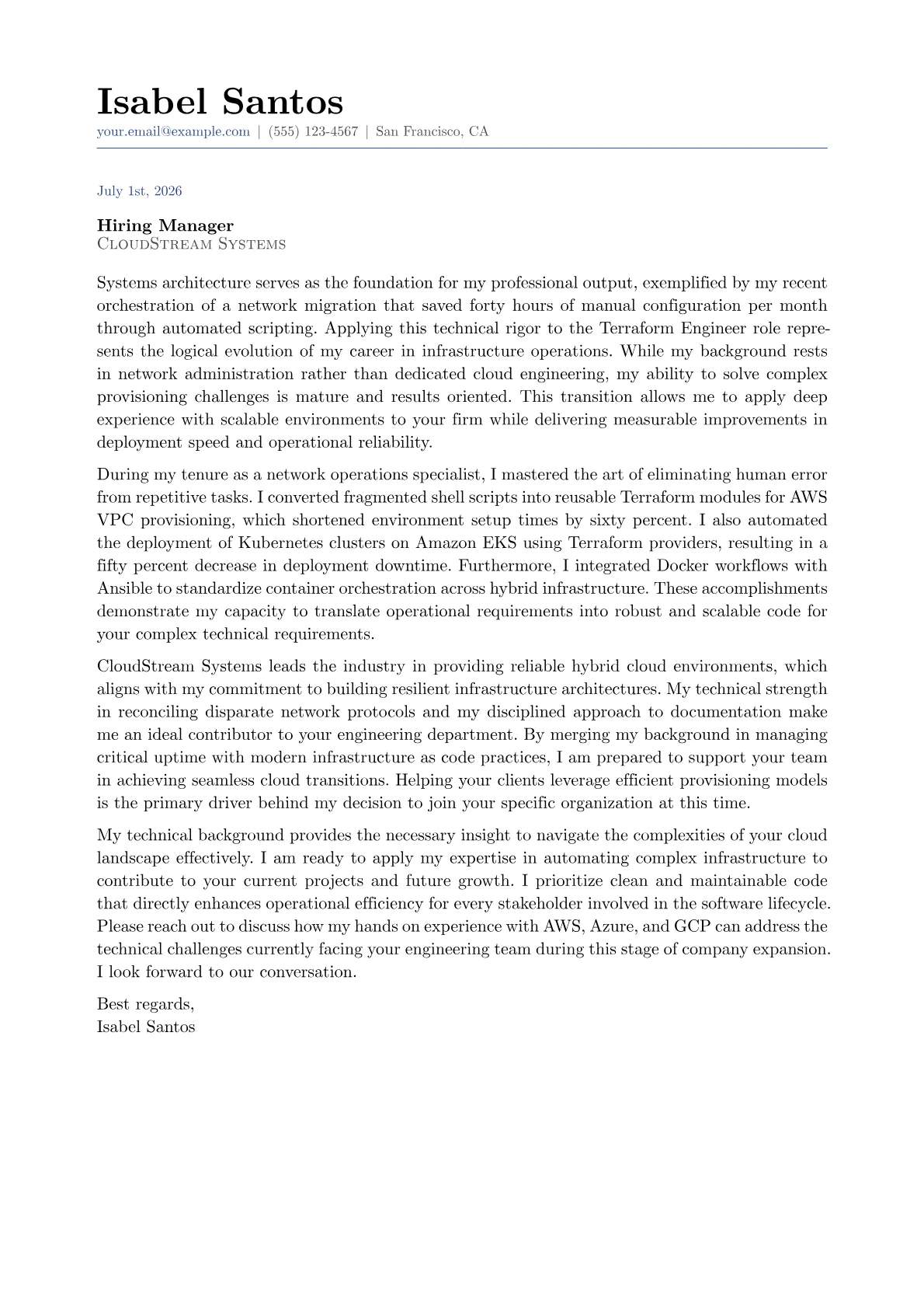 Terraform Engineer Cover Letter Example + Template (2026)