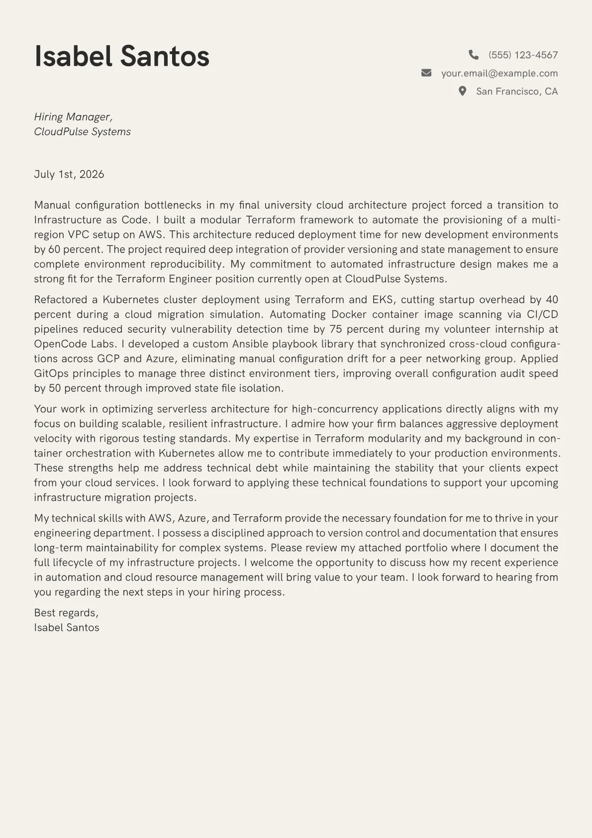 Terraform Engineer Cover Letter Example + Template (2026)