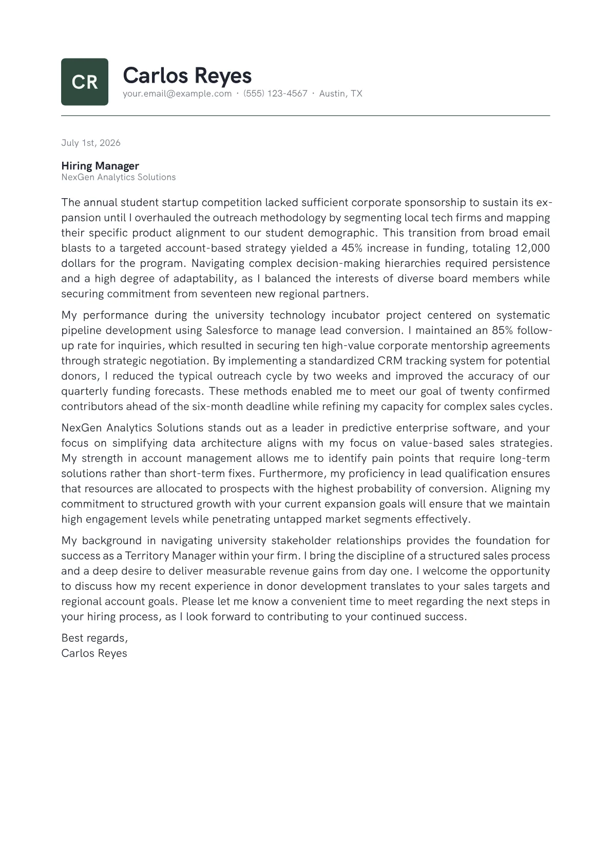 Territory Manager cover letter in the Emblem design