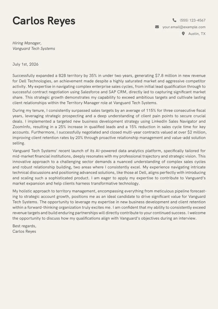 Territory Manager cover letter example preview