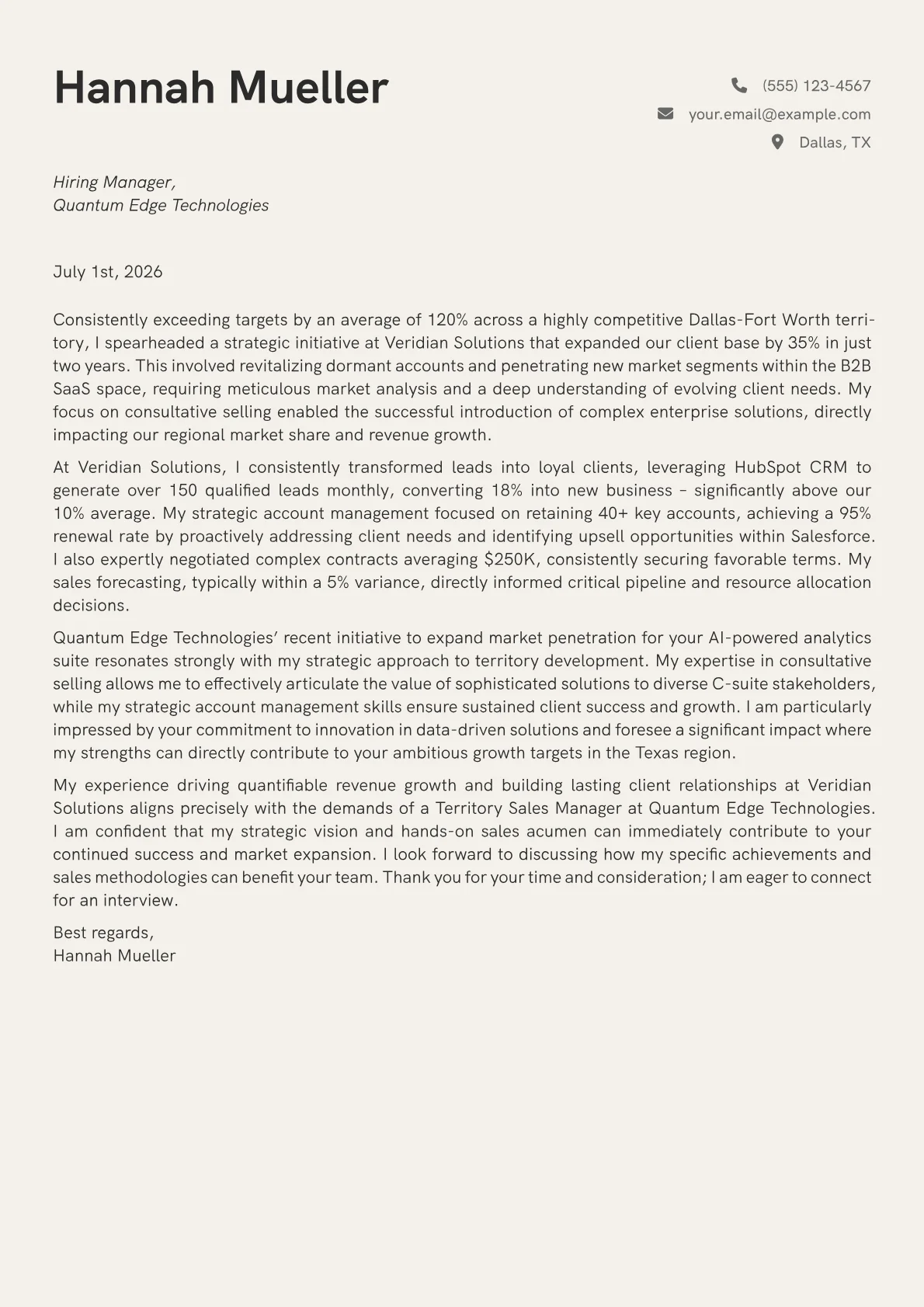 Territory Sales Manager cover letter formatted with a JobSprout template