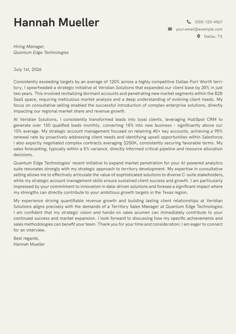 Territory Sales Manager Cover Letter Example