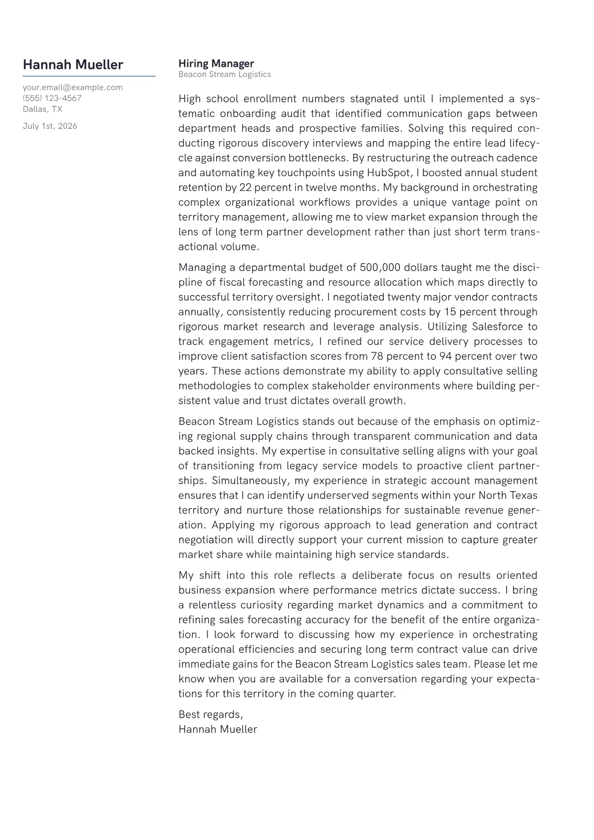 Territory Sales Manager cover letter in the Margin design
