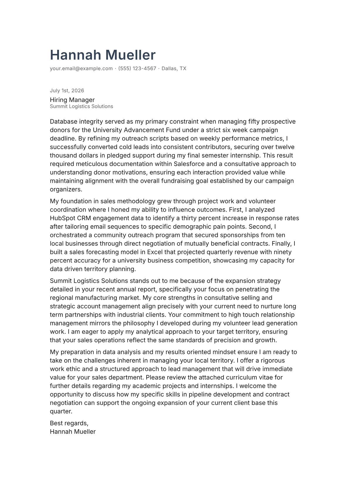 Territory Sales Manager cover letter in the Minimal design