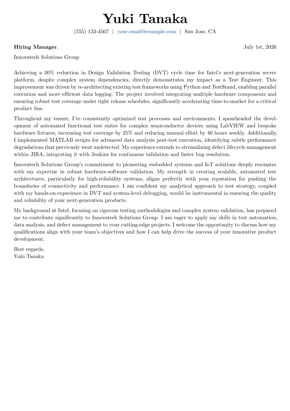 Test Engineer cover letter formatted with a JobSprout template