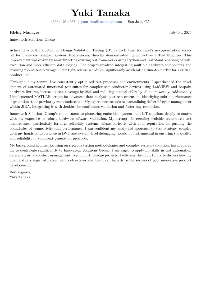 Test Engineer cover letter example preview