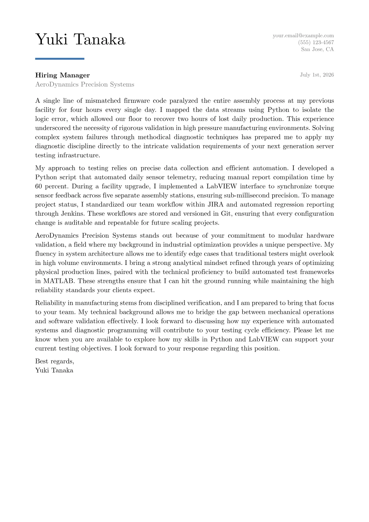 Test Engineer cover letter in the Executive design
