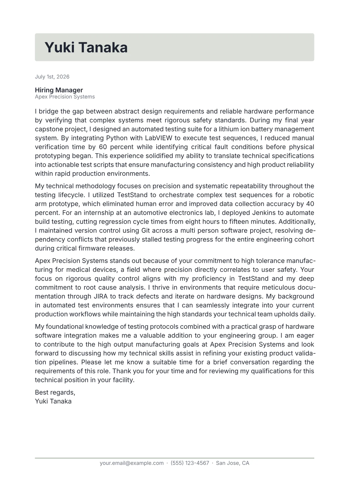 Test Engineer cover letter in the Letterhead design
