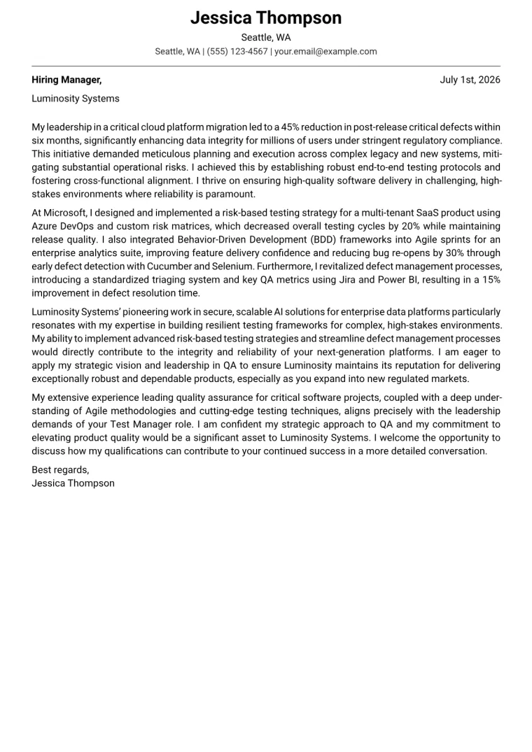 Test Manager cover letter example