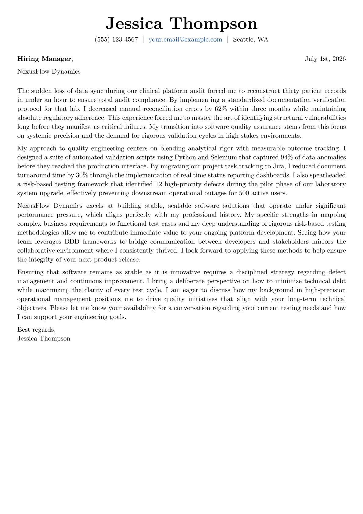 Test Manager cover letter in the Basic design