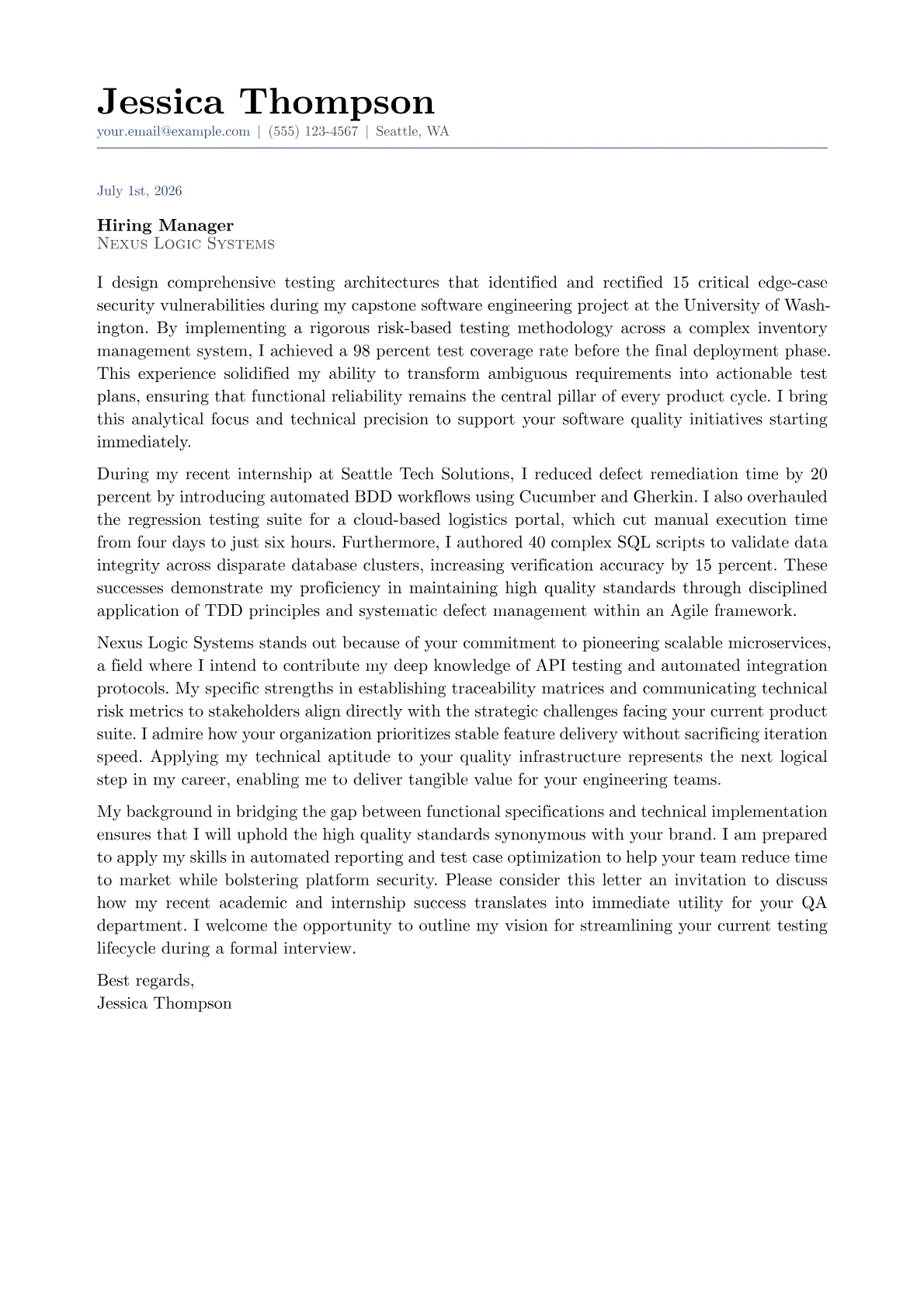 Test Manager cover letter in the Classic design