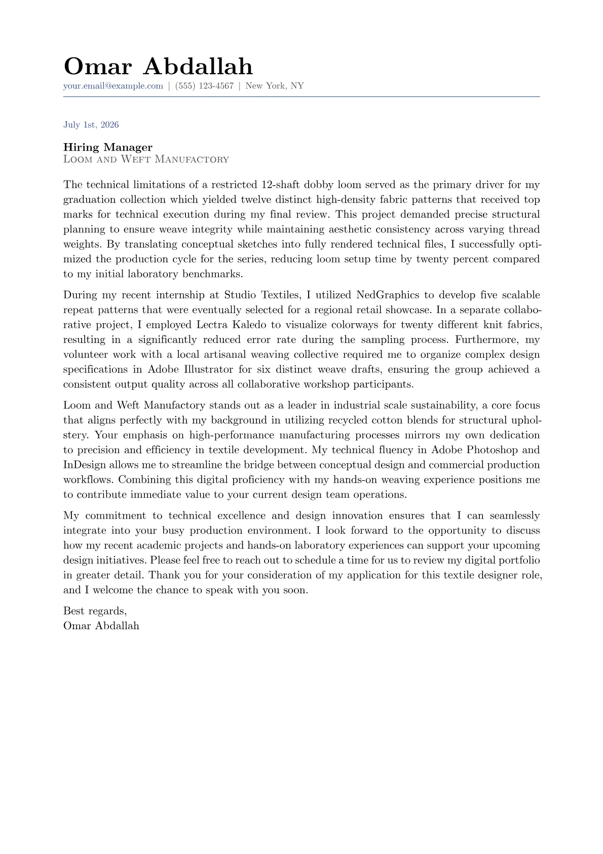 Textile Designer cover letter in the Classic design