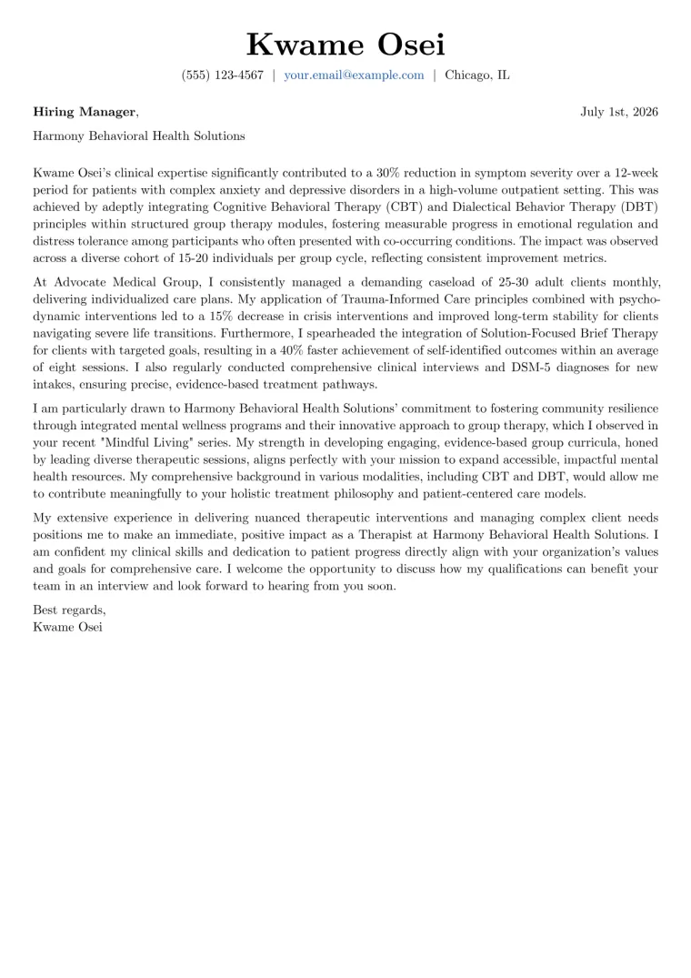 Therapist Cover Letter Example