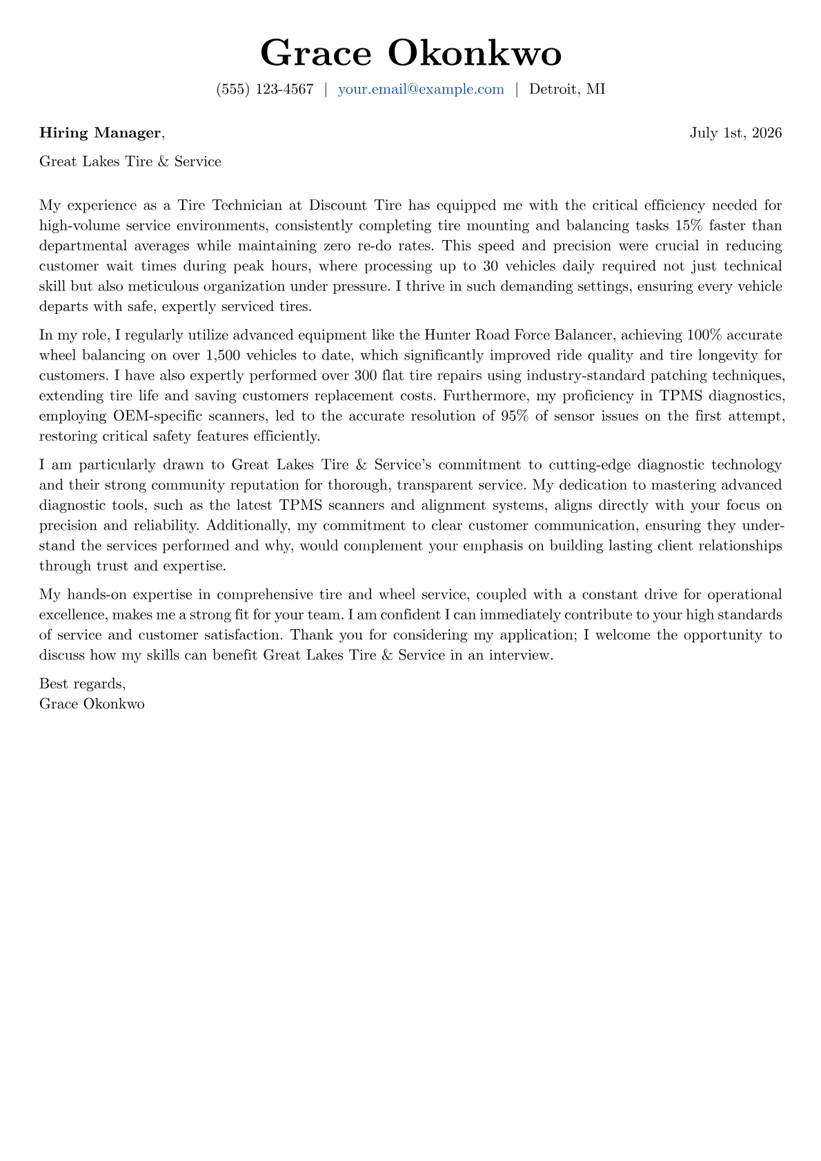 Tire Technician cover letter formatted with a JobSprout template