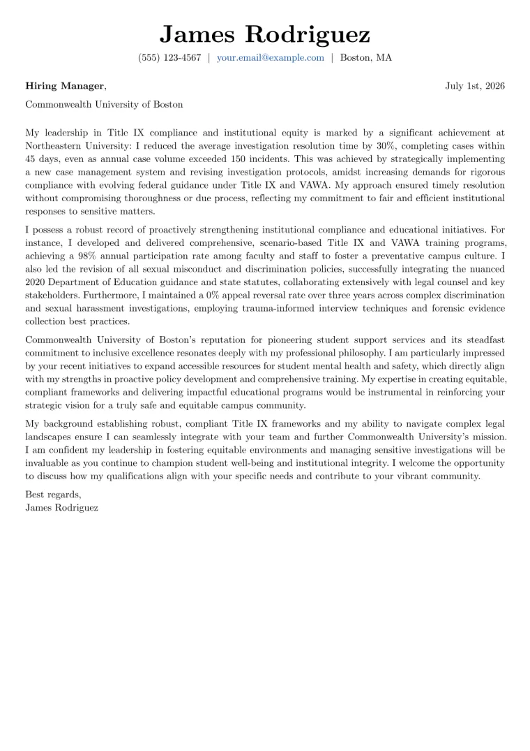 Title IX Coordinator cover letter example