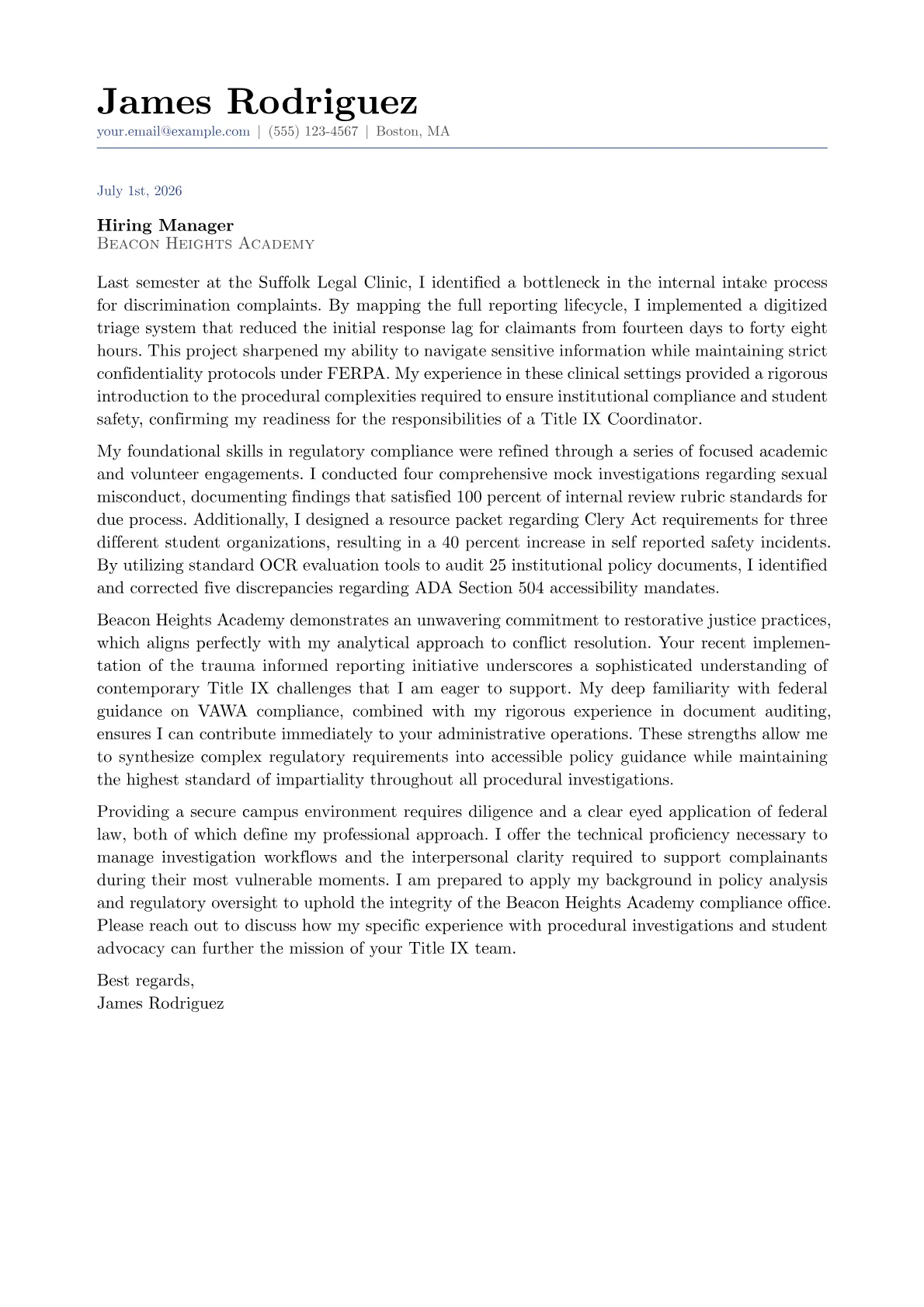 Title IX Coordinator cover letter in the Classic design