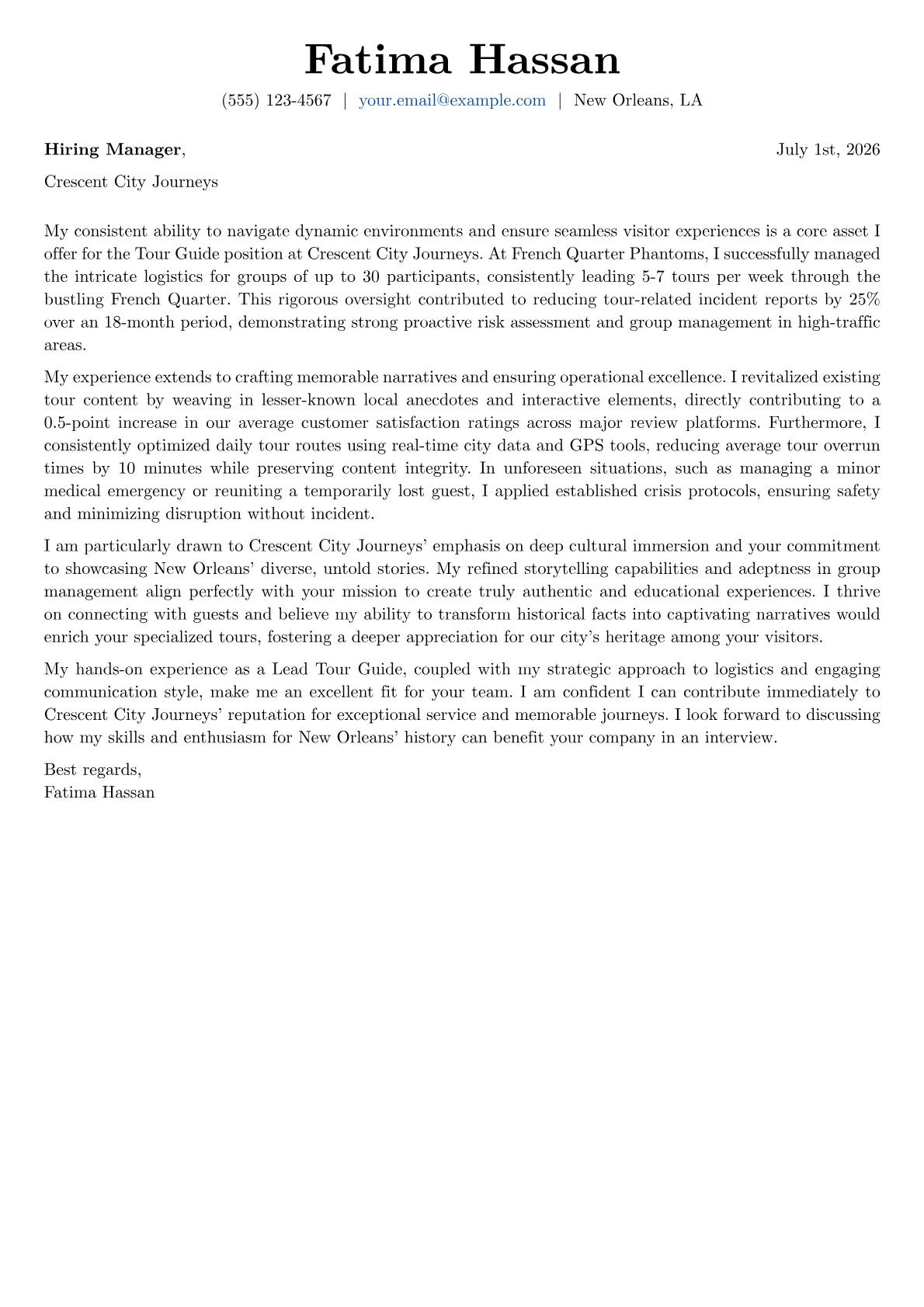 Tour Guide cover letter formatted with a JobSprout template