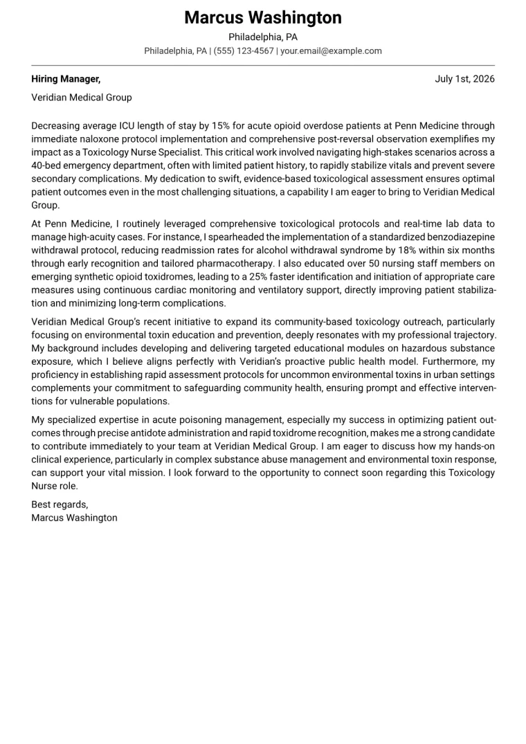 Toxicology Nurse Cover Letter Example + Template (2026)