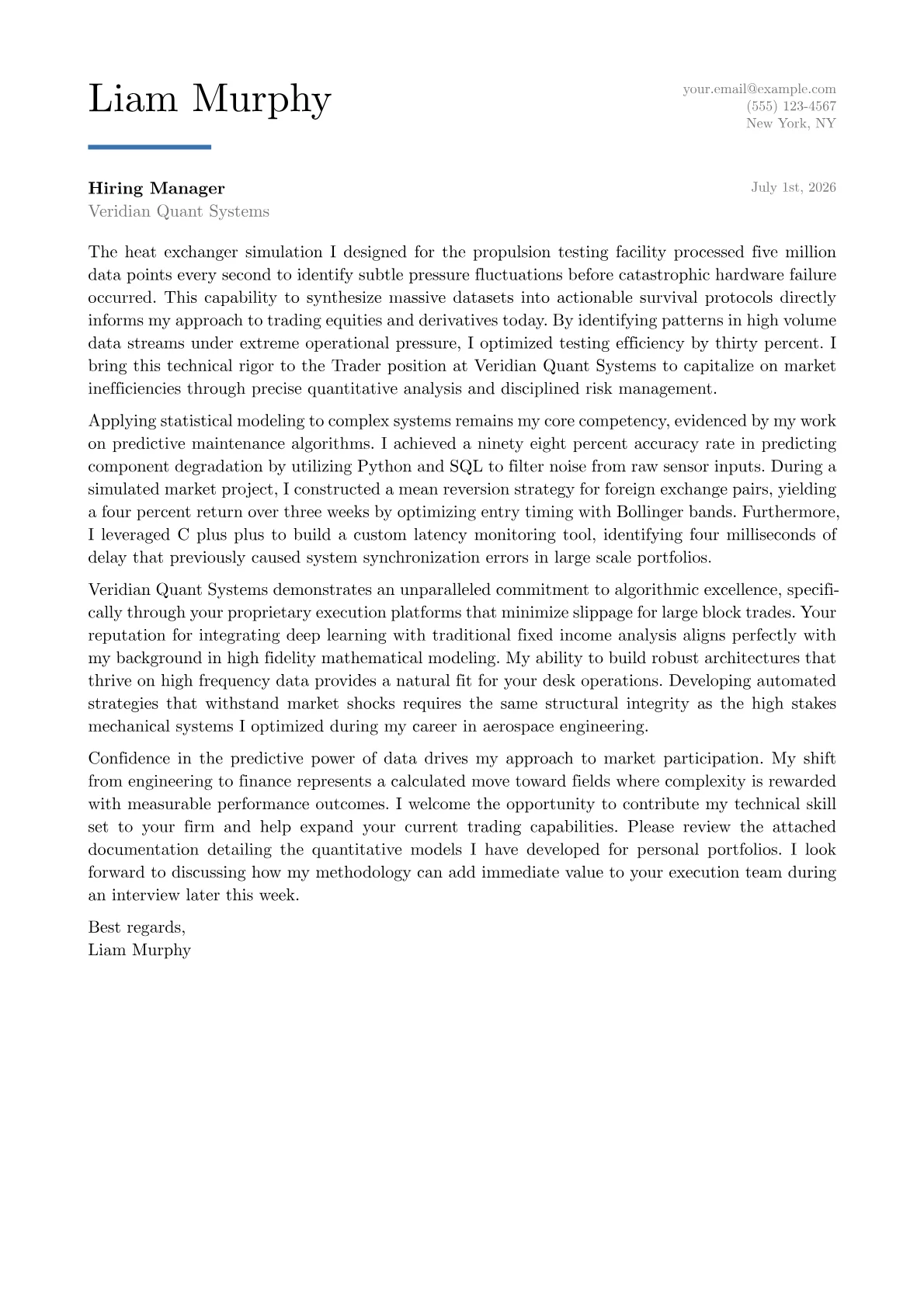Trader cover letter in the Executive design