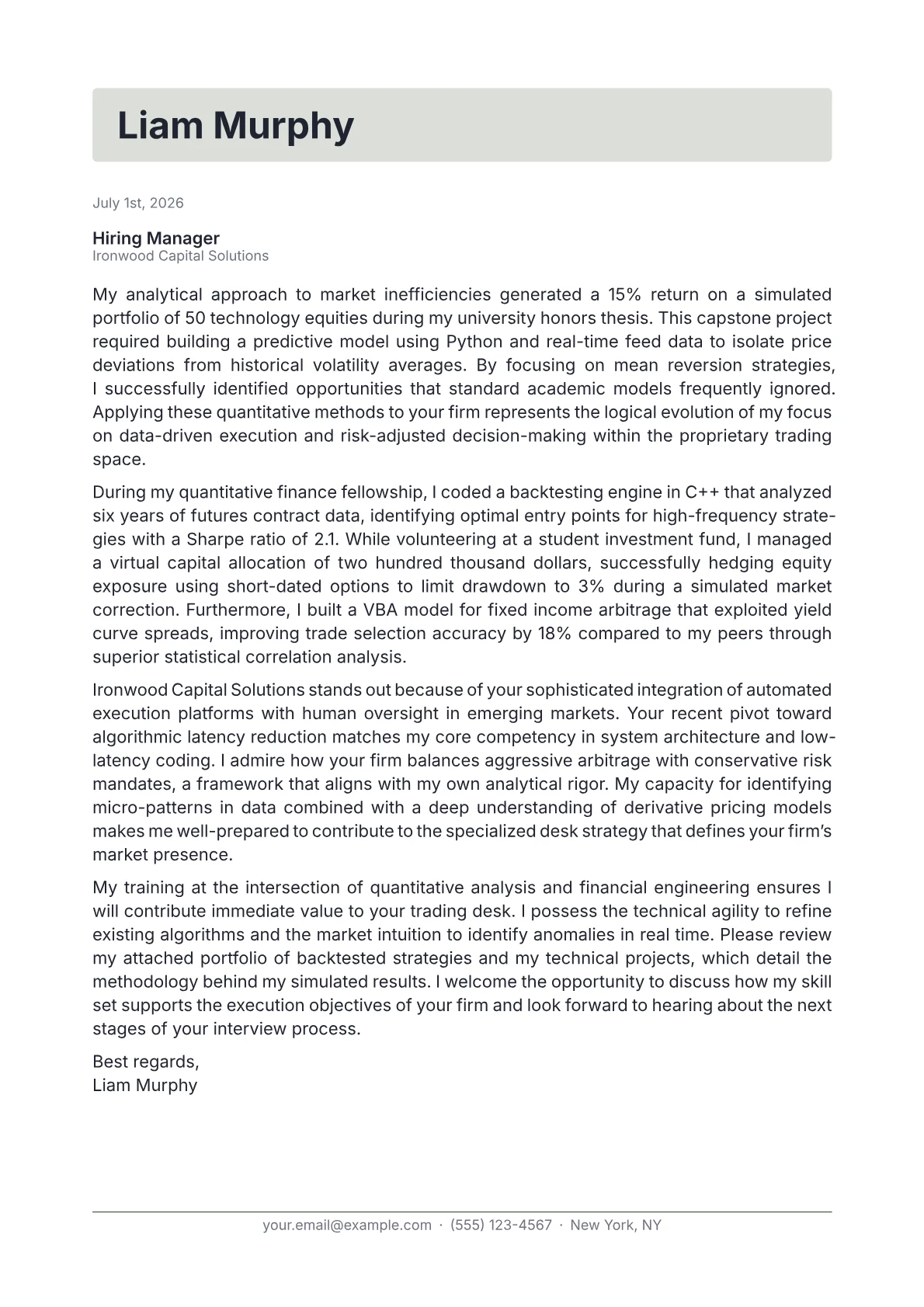 Trader cover letter in the Letterhead design