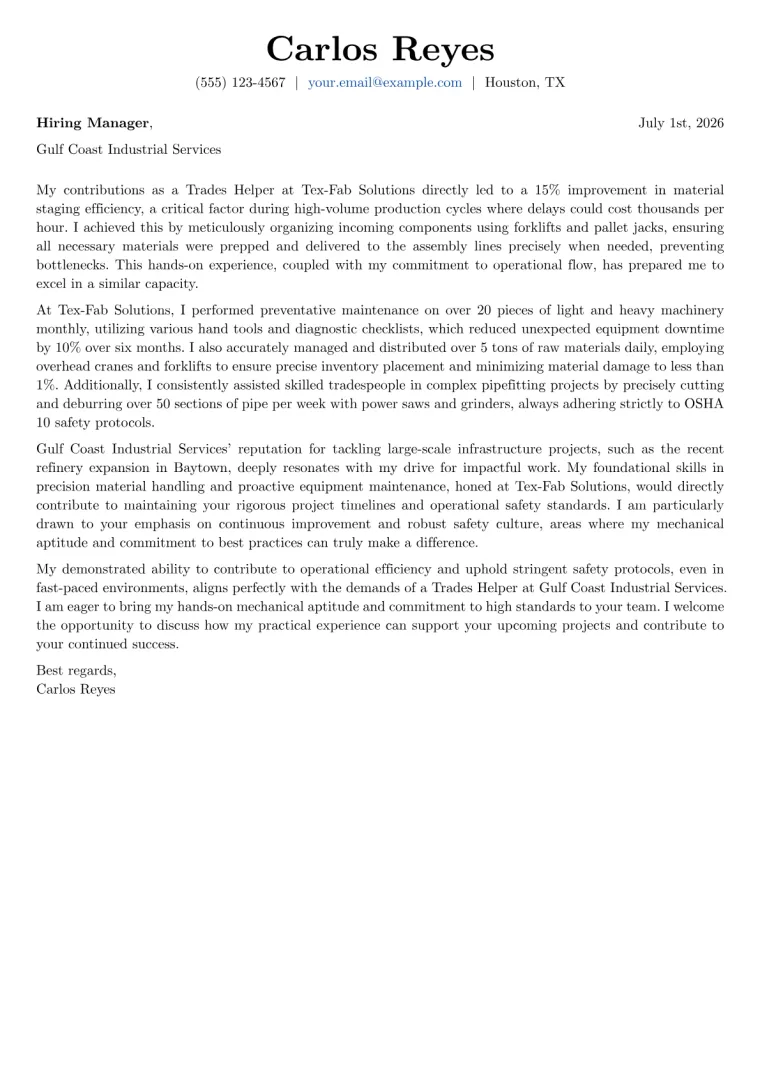 Trades Helper Cover Letter Example + Template (2026)