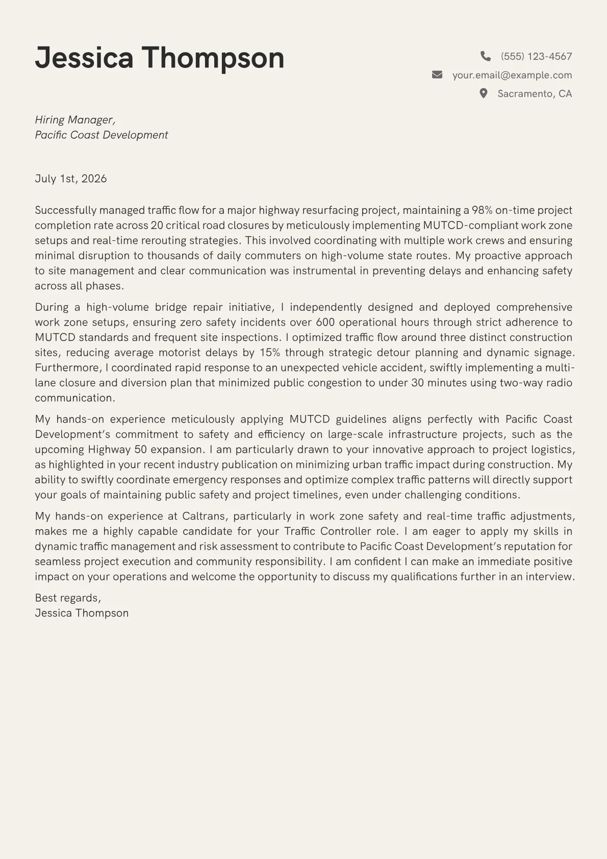 Traffic Controller cover letter formatted with a JobSprout template