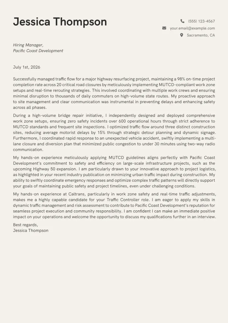 Traffic Controller cover letter example