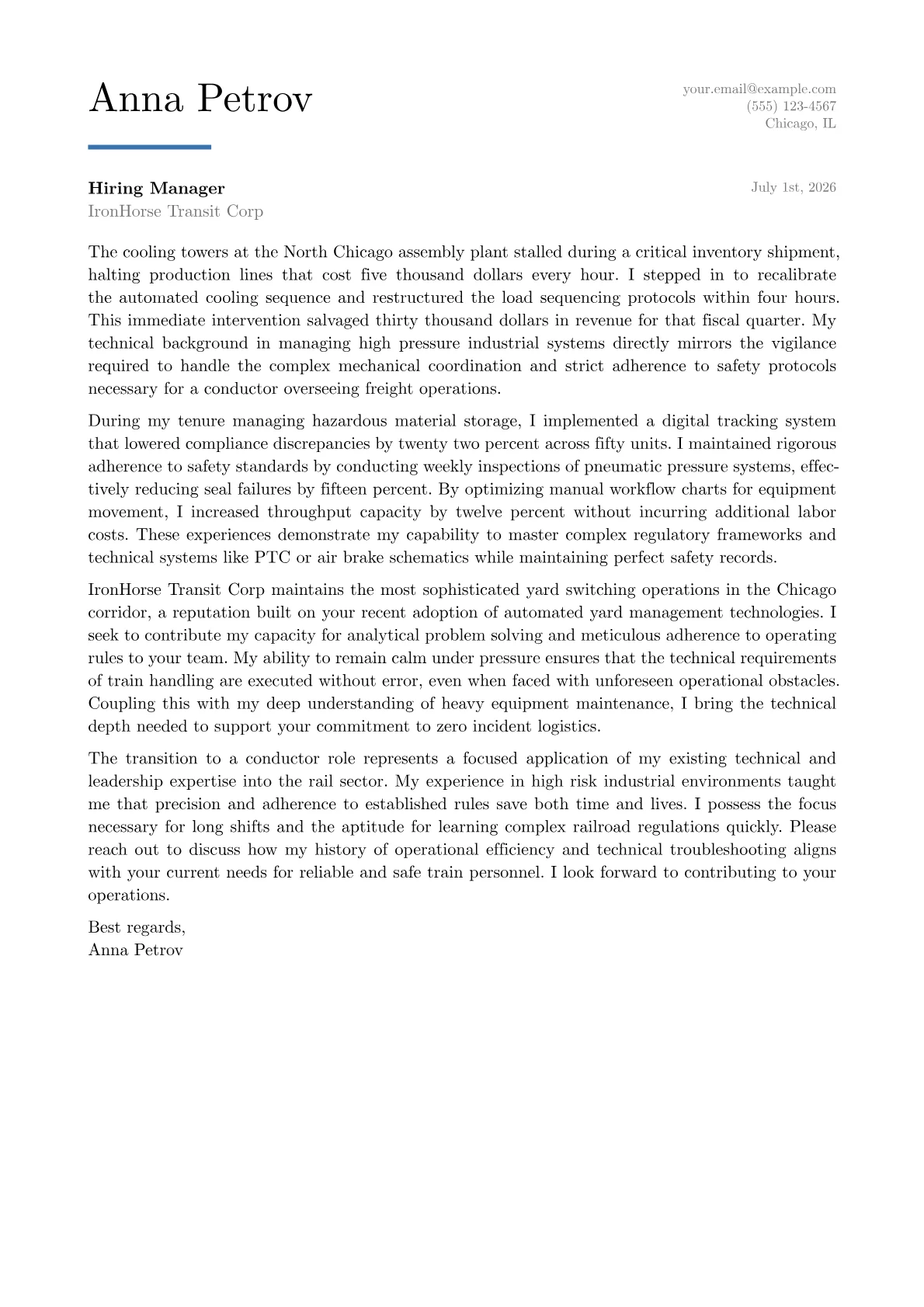 Train Conductor cover letter in the Executive design