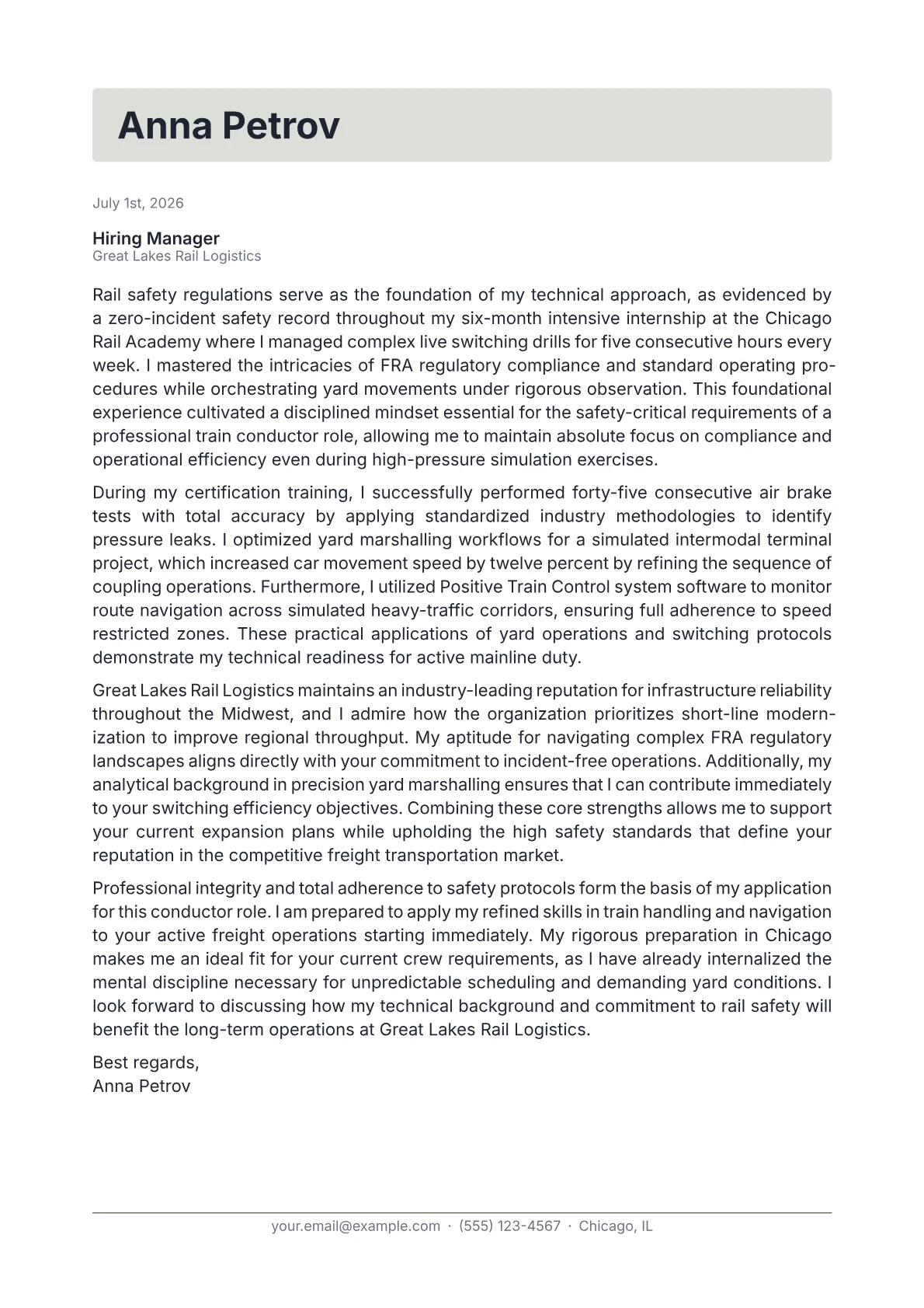 Train Conductor cover letter in the Letterhead design
