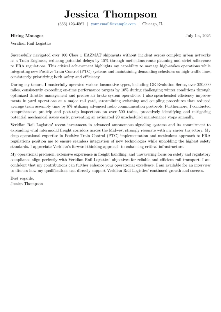 Train Engineer Cover Letter Example + Template (2026)