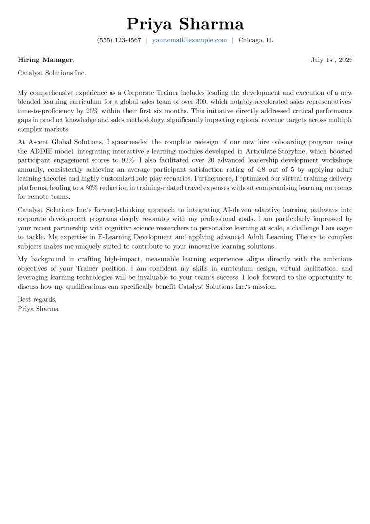 Trainer Cover Letter Example