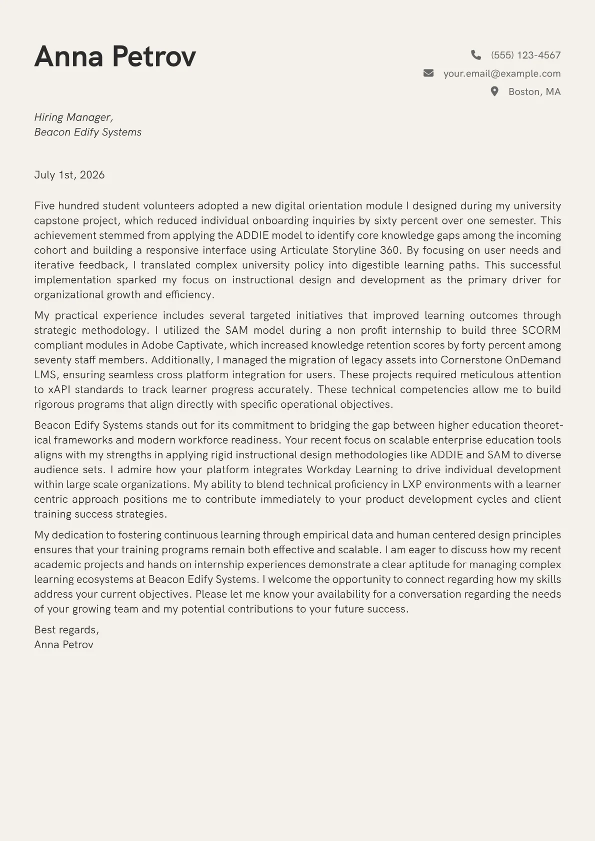 Training and Development Manager cover letter in the Creative design