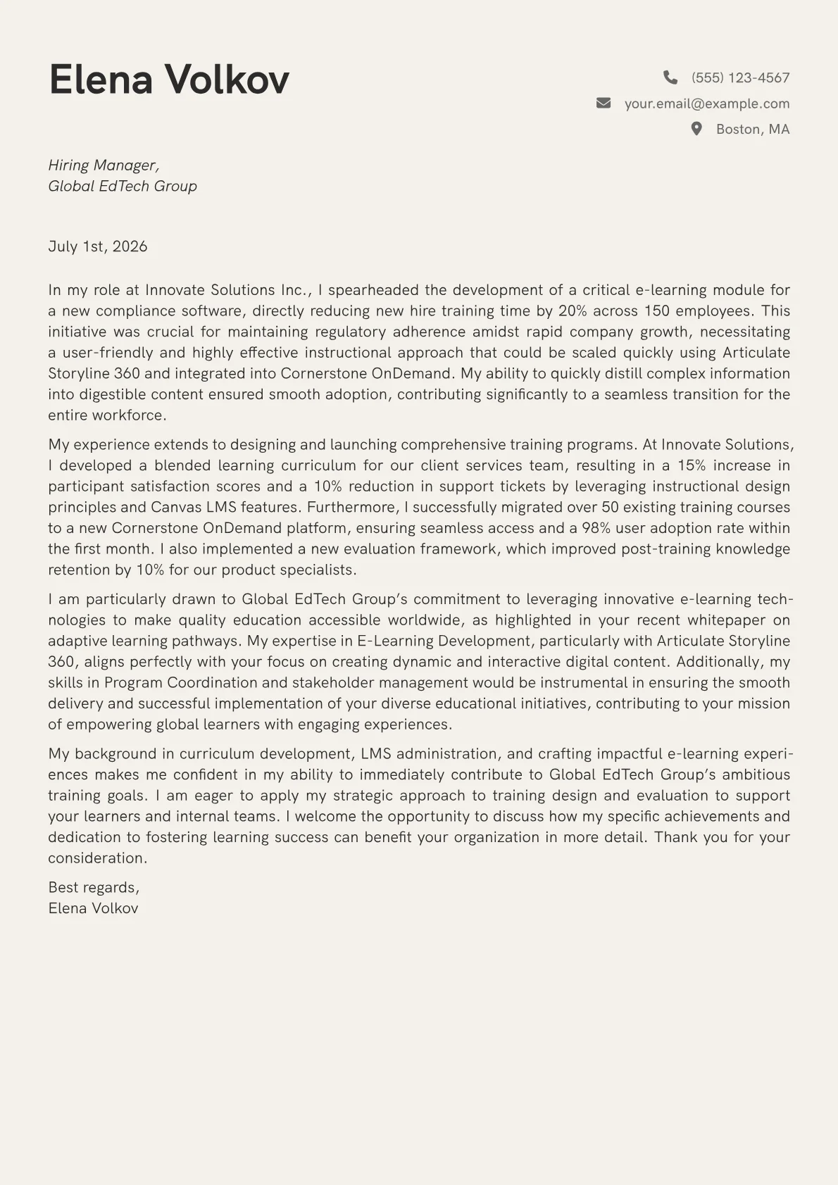 Training Coordinator cover letter formatted with a JobSprout template