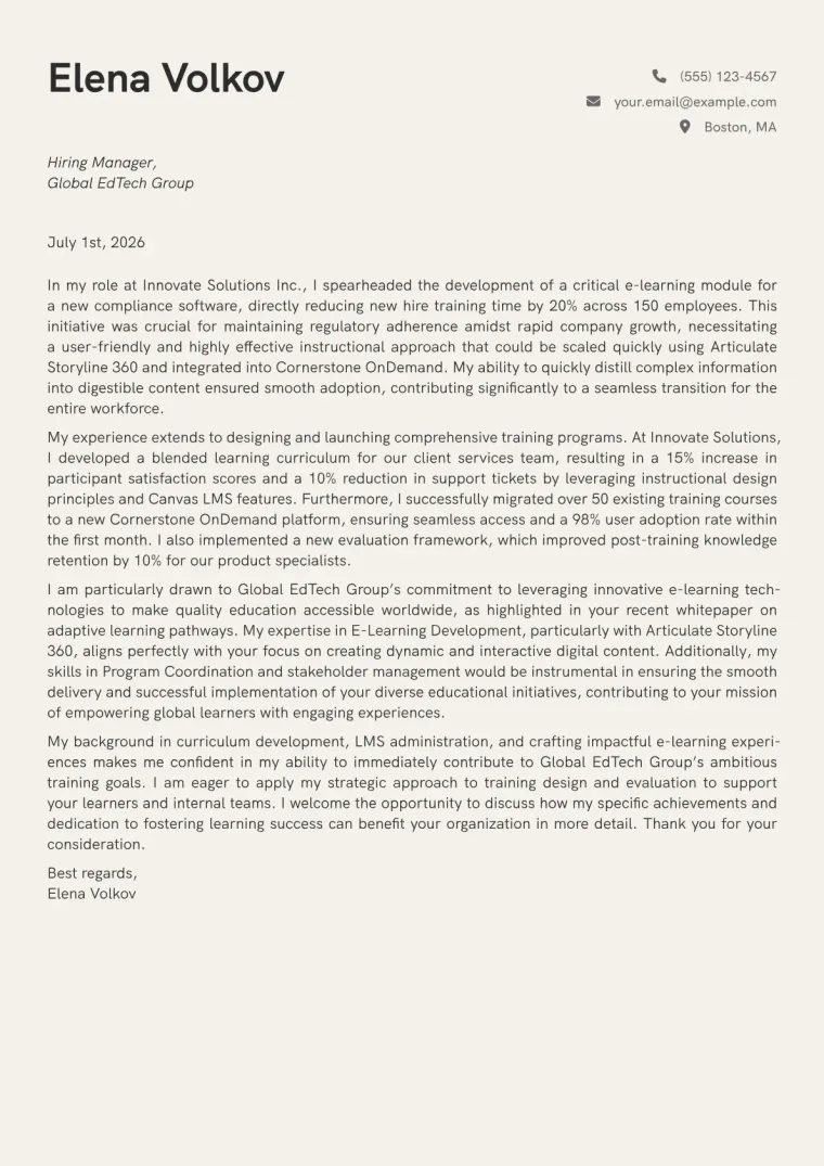 Training Coordinator Cover Letter Example