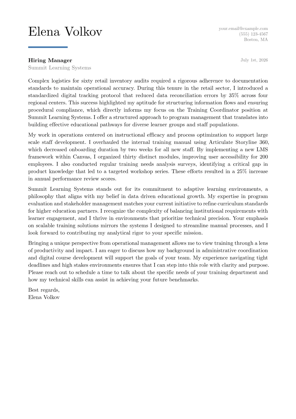 Training Coordinator cover letter in the Executive design