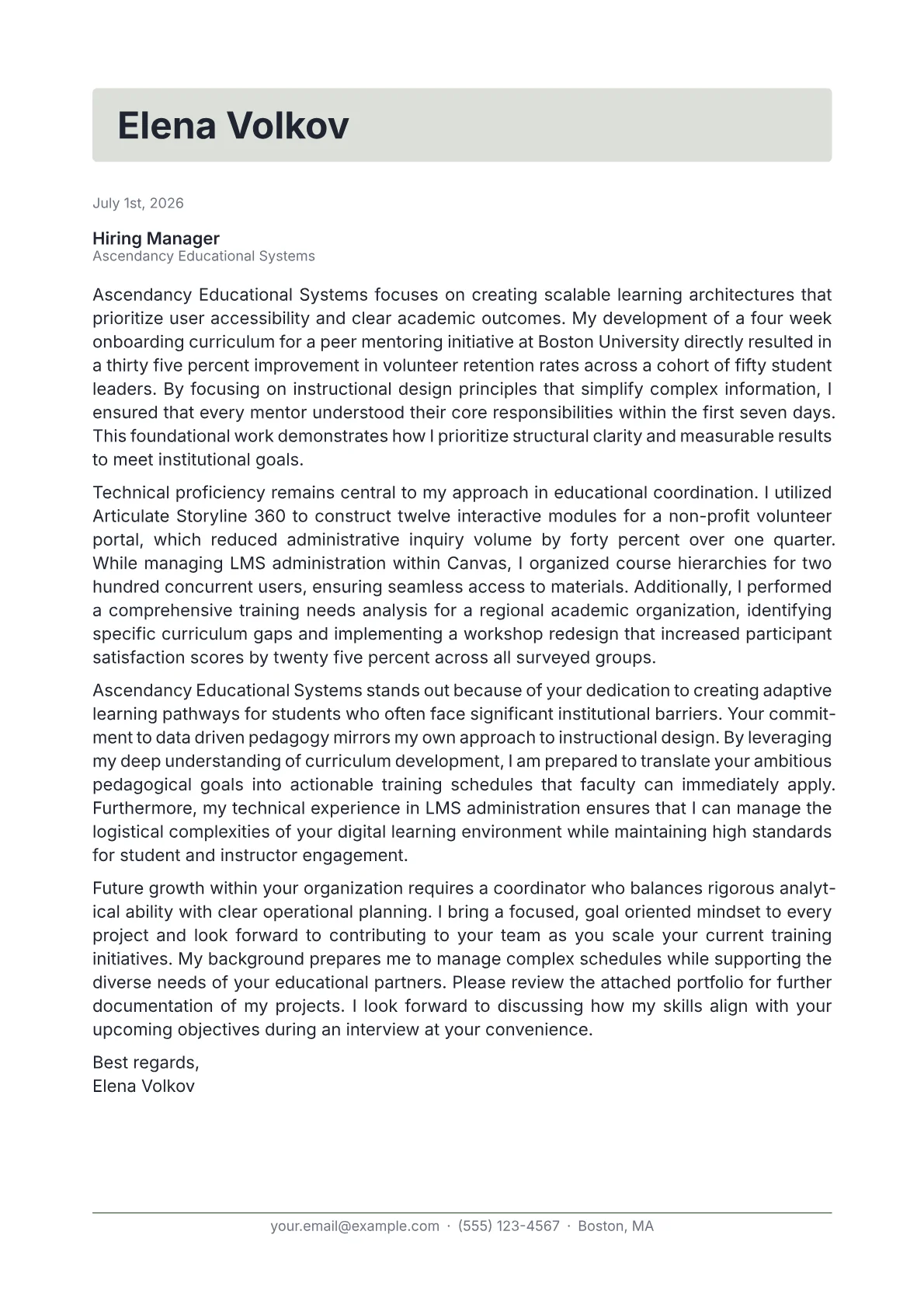 Training Coordinator cover letter in the Letterhead design