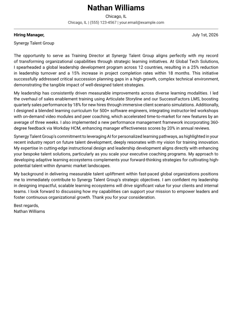 Training Director Cover Letter Example