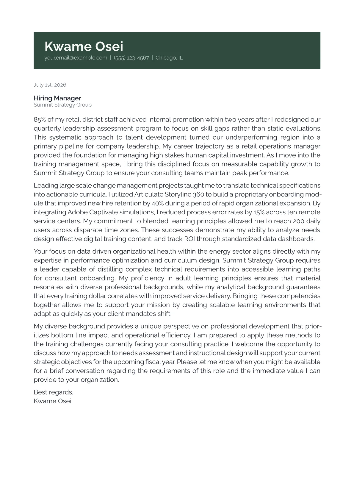 Training Manager cover letter in the Banner design