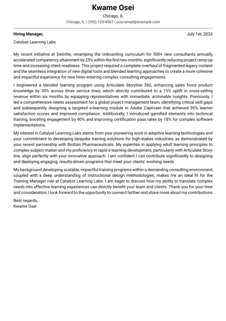 Training Manager Cover Letter Example