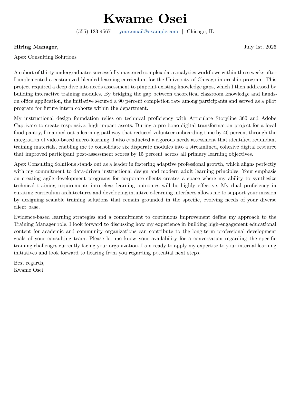 Training Manager cover letter in the Basic design