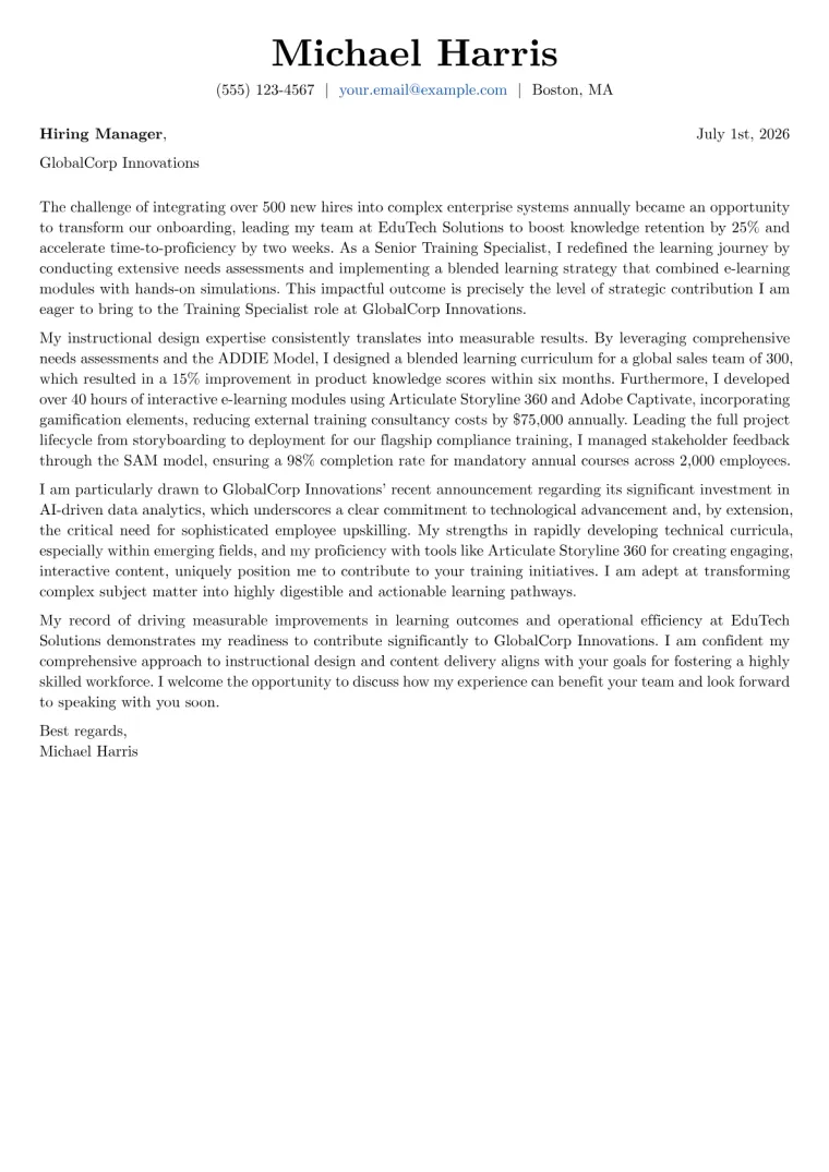 Training Specialist cover letter example preview