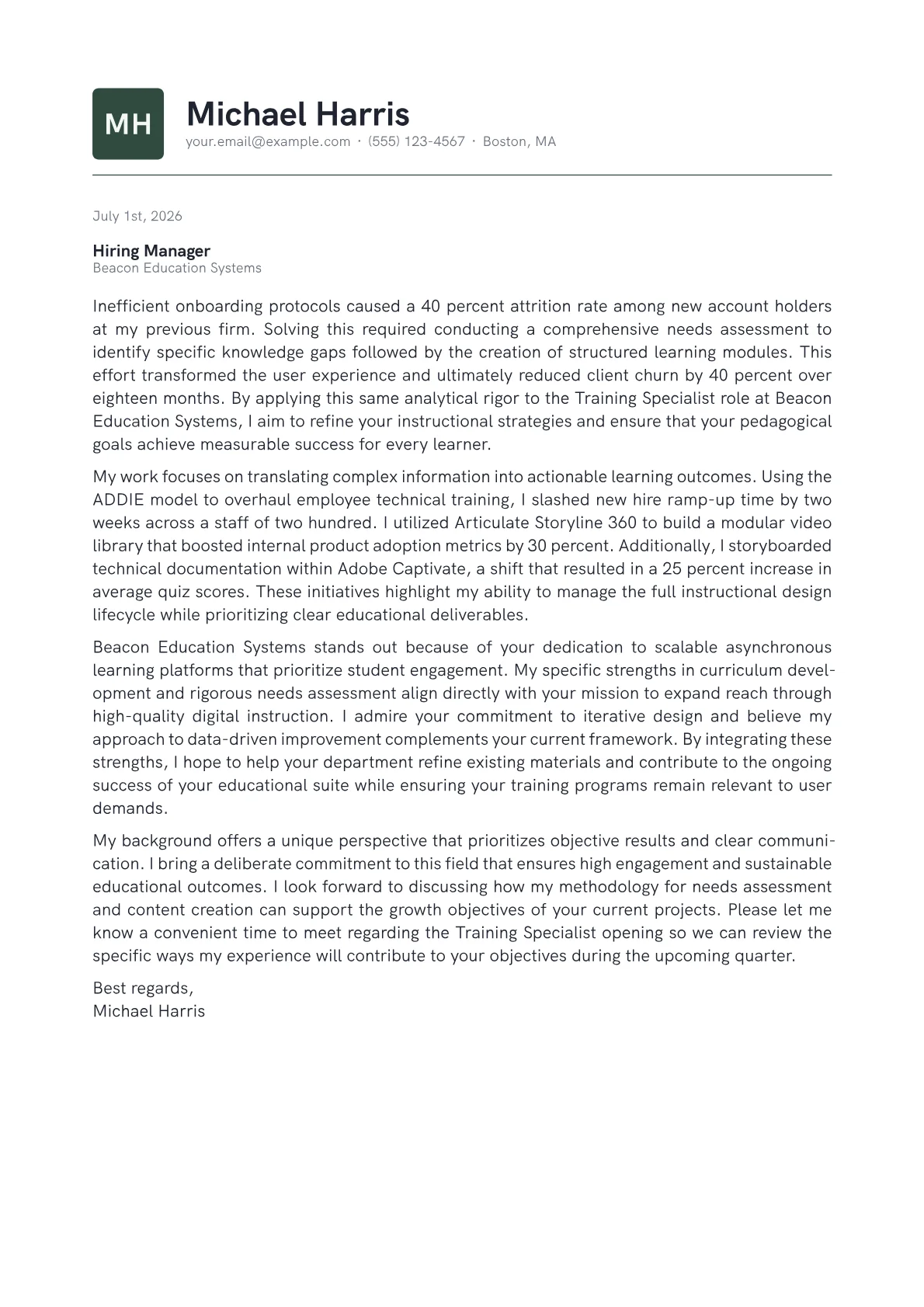 Training Specialist cover letter in the Emblem design